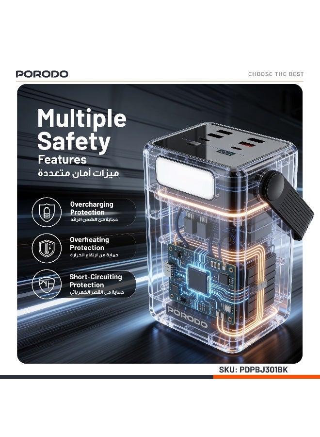 porodo LARA Power Bank 80000mAh with Integrated Cables and Flashlight / Fast Charge Powerbank / Portable Charger 20W PD / Portable Handle / Built-in Safety Feature / High Battery Capacity - Black - Image 3